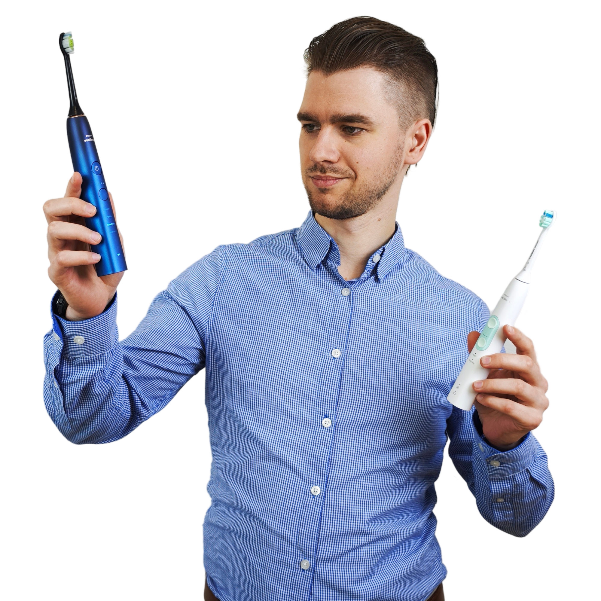 Toms no Baltizobi.lv ar divām Philips Sonicare zobu birstēm rokās